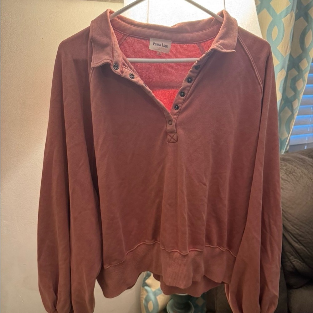 Peach Love California Washed Mauve Pullover Henley Sweatshirt